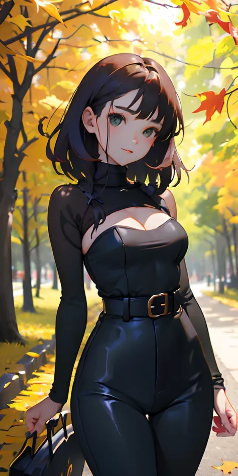 realisticlying、girl with、Outdoor Fashion、Autumn leaves Autumn leaves、Beautiful ginkgo tree、Slightly larger breasts with an emphasis on cleavage、Sexy Posing、Nature views