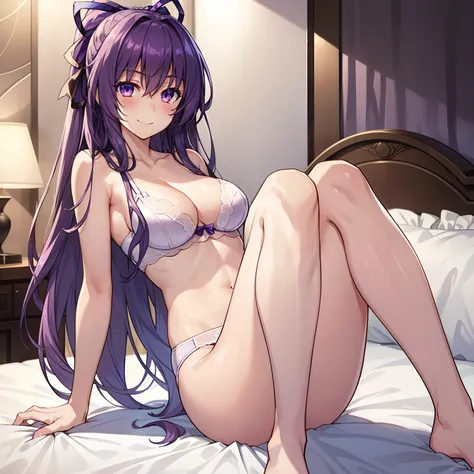 1girl,medium breasts,hotel room,bed,(8k),
,detailed face,purple hair,purple eyes,long hair,embarassed,shy,smiling,hair,hair_ribbon,high_res, high_definition,battlefield,sexy pose,white sexy lingerie,legs open,