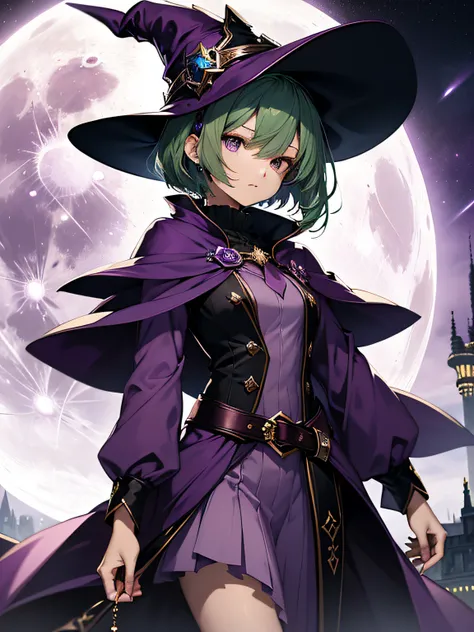 top-quality、extremely delicate and beautiful、(A teenage girl)、Purple Eye、Green hair、short-haired、(purple witch hat)、Purple tie、Soio、shortsleeves、Purple skirt、Purple Wizard Robe、Navel、is standing、Full moon night on background