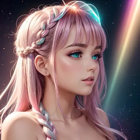 finest image, face focus, portrait, detailed and delicate depiction, slightly upward facing profile, beautiful cute sexy lady, amorous expression, lewd expression, ecstasy, orgasm, light pink glossy braided bangs iridescent messy short hair, emerald green ...