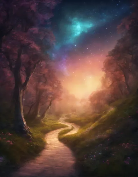 An enchanting road winding through a mystical forest, under a starry sky.