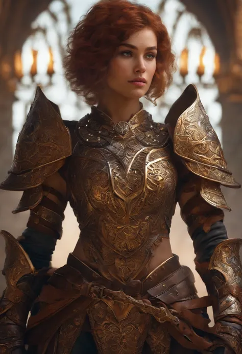 a detailed warrior girl with giant armor full of details and ornaments,beautiful girl with very short hair