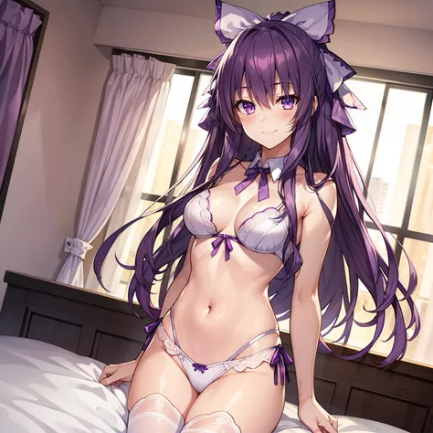 1girl,medium breasts,hotel room,bed,(8k),
,detailed face,purple hair,purple eyes,long hair,embarassed,shy,smiling,hair,hair_ribbon,high_res, high_definition,battlefield,sexy pose,white sexy lingerie,legs open,