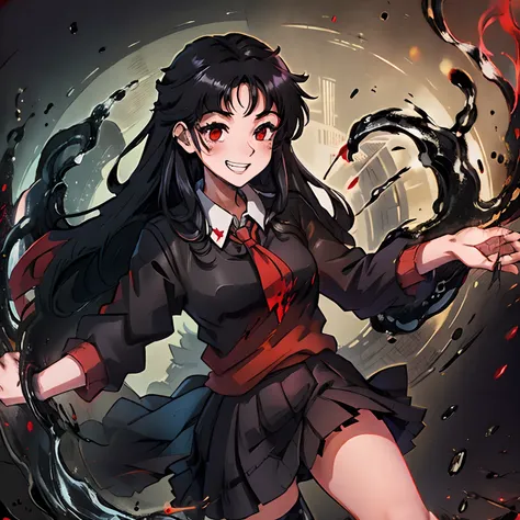 (Long black hair), (red eyes), (black and red schoolgirl uniform) ,  (blood), (smiling), girl