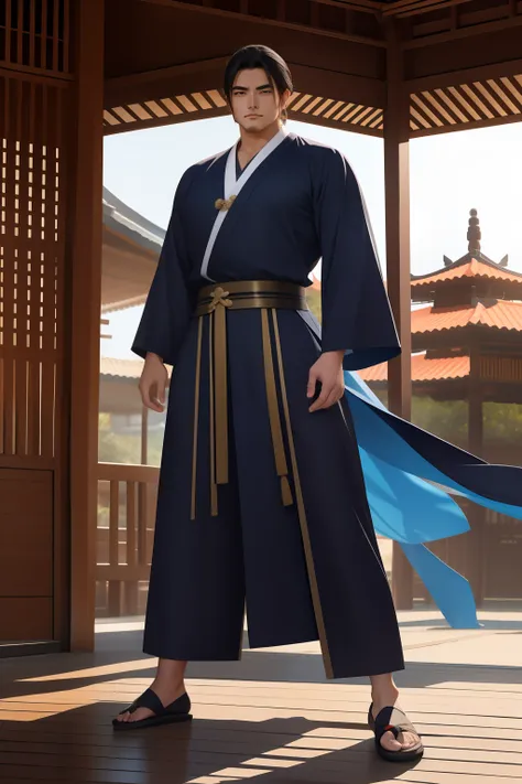 1homem,de longos e negros cabelos sedosos, usando uma roupa hunfa antiga no estilo wuxia,standing on her feet, full body in fron...