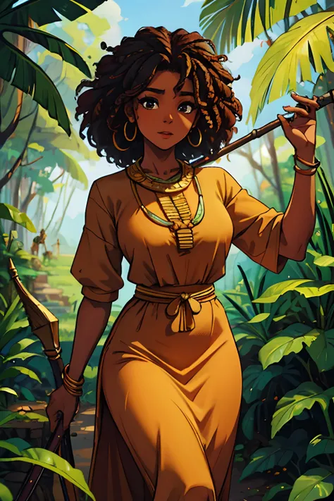 (best quality,highres),African woman with beautiful curly hair, attractive body, wearing traditional African clothes, holding a spear in her hand, jungle, daytime, beautiful