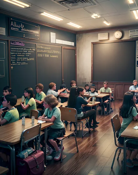 uma sala de aula, com alunos e professora, um dos alunos se destaca perante aos outros, alunos, sala cheia, alunos em destaque, sala de aula moderna, chamativa