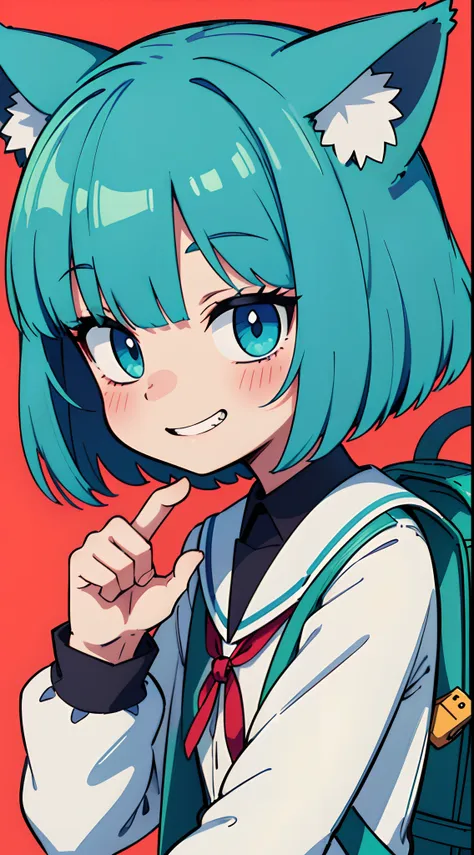 portrait of solo ((catgirl)) (child, 9 years old), ((short fluffy turquoise hair in a wavy bob-cut)), ((turquoise nekomimi)), fl...