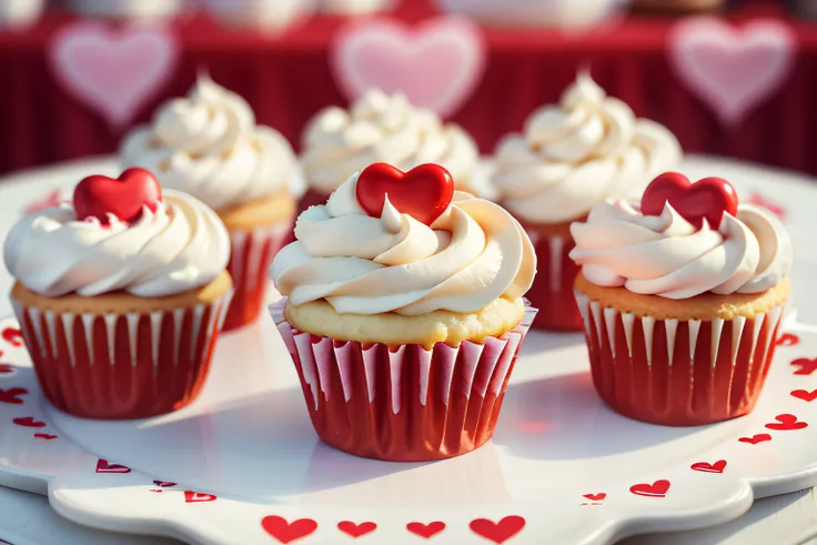 (raw photo), a row of cupcakes on a table with flower-shaped cream, red and white, hearts, foodphoto, blurred background, full view, 8k, photorealistic image, excellent quality.