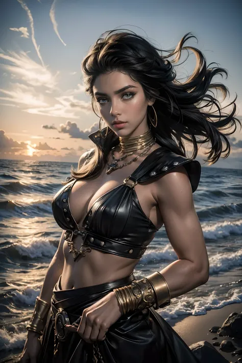 Arte estilo John Buscema,Menina pirata lindo em um navio pirata no mar, cabelos pretos, pele oleosa, Perky , Obra-prima sexy, best quality, extremely high quality, High definition, altamente detalhado, 8k, athletic and fit body, malcriado, perfect hands, d...