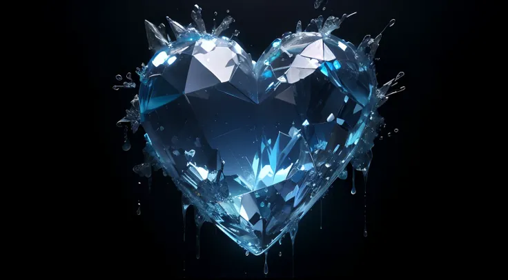 Broken glass，Cold glass heart，Ultra-clear acrylic，A glass heart that goes into the sea，Floating in the center of the sea，water bubbles，Style made of crystal，water dripping，Drop，ruptured，Ice punk，Ocean blue background，Static background。