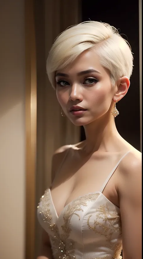 Capture a portrait of the Malay woman in an elegant evening gown, very short white hair, pixie haircut, posing gracefully against a backdrop of soft, diffused lighting, exuding timeless beauty and sophistication