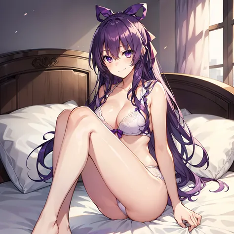 1girl,medium breasts,hotel room,bed,(8k),
,detailed face,purple hair,purple eyes,long hair,embarassed,shy,smiling,hair,hair_ribbon,high_res, high_definition,battlefield,sexy pose,white sexy lingerie,legs open,