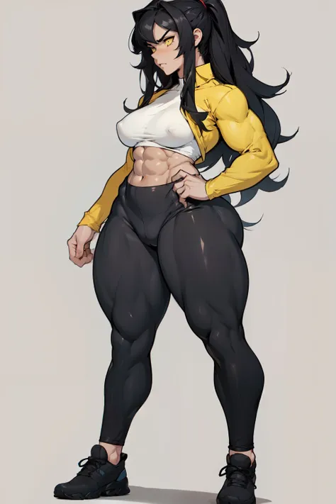 (((((muscular))))), (((thick thighs, small breasts, toned body, 1 girl))), black hair, pale skin, yellow eyes, angry, very long hair, (tight shirt long sleeves leggings) ((full body))