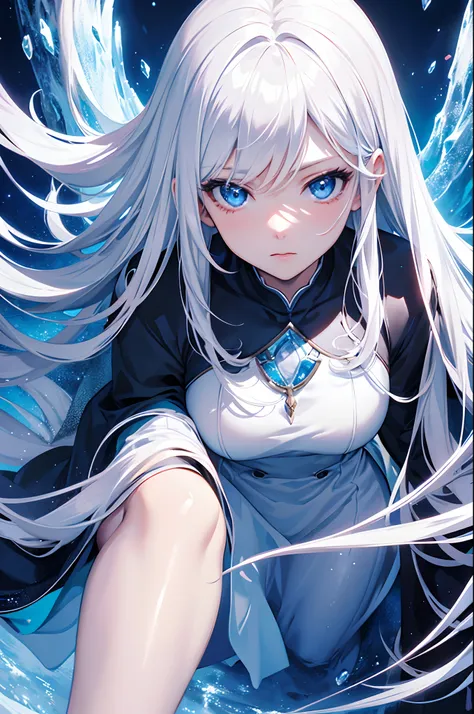 Cover magazine, anime, woman, solo, long hair, white hair, blue eyes, model, beautiful, half body potrait, fantasy, ice