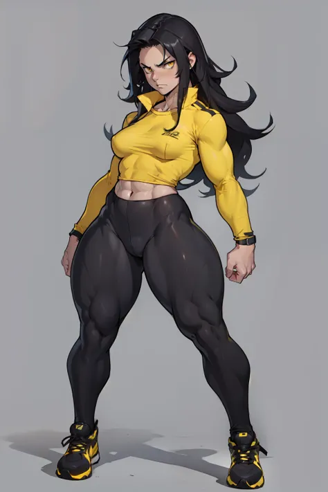 (((((muscular))))), (((thick thighs, small breasts, toned body, 1 girl))), black hair, pale skin, yellow eyes, angry, very long hair, (tight shirt long sleeves leggings) ((full body))