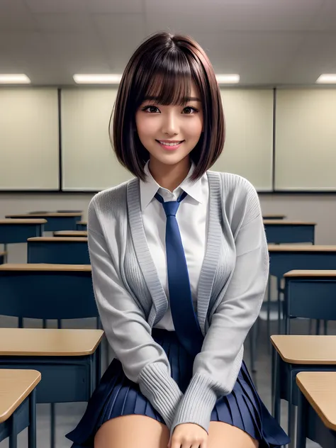 product quality, 1girl, upper body shot, front view, a Japanese young pretty woman, bob hair, sitting on a chair with a big smile in a crowded classroom of a high school, glamorous figure, wearing a long length gray knitted cardigan over a white collared s...