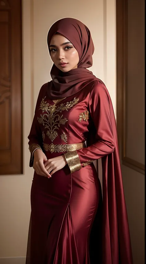 Capture a portrait of the Malay woman in an elegant evening gown and hijab, posing gracefully against a backdrop of soft, diffused lighting, exuding timeless beauty and sophistication