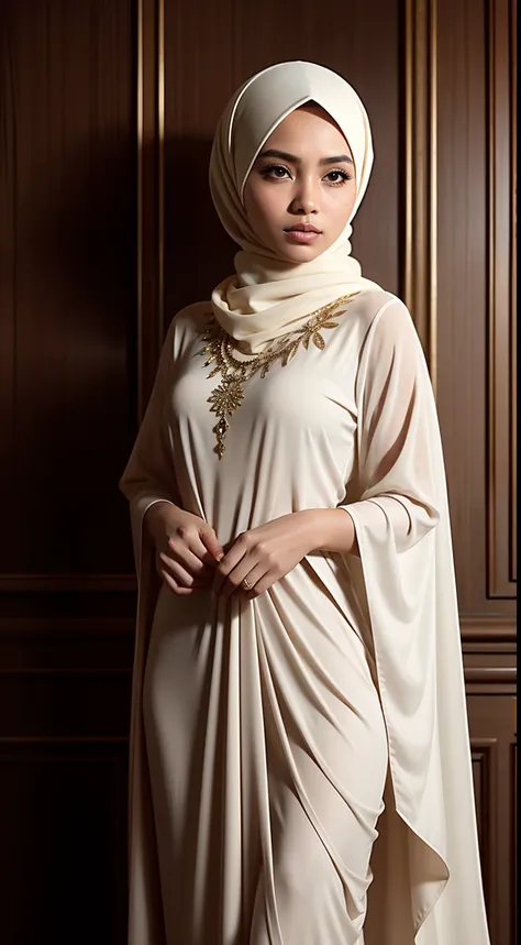 Capture a portrait of the Malay woman in an elegant evening gown and hijab, posing gracefully against a backdrop of soft, diffused lighting, exuding timeless beauty and sophistication