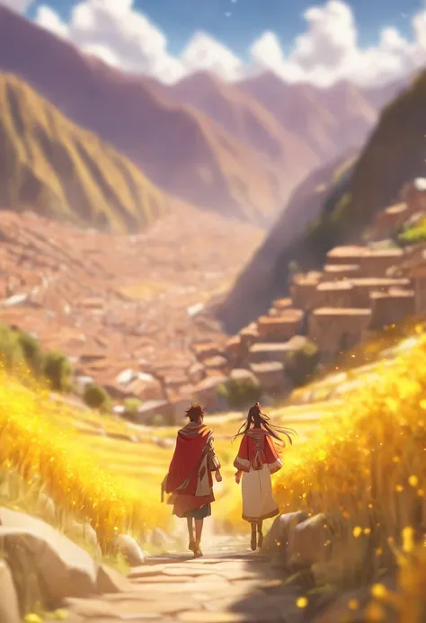 (((Cusco Valley))) best quality, ultra-high resolution, detailed CG in 4K, masterpiece, golden rod, on the ground, golden rod,peruvian andes, turkey,couple in the background,blur couple,one man and a woman in the background aesthetic, beautiful image, cent...