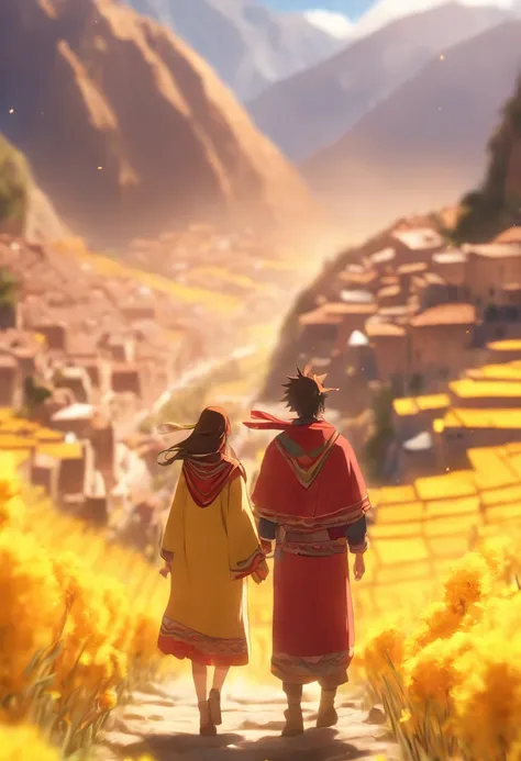 (((Cusco Valley))) best quality, ultra-high resolution, detailed CG in 4K, masterpiece, golden rod, on the ground, golden rod,peruvian andes, turkey,couple in the background,blur couple,one man and a woman in the background aesthetic, beautiful image, cent...