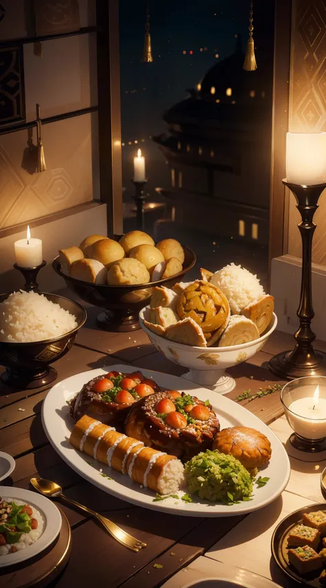 (best quality,4k,8k,highres,masterpiece:1.2),ultra-detailed,realistic,physically-based rendering,professional,vivid colors,bokeh,studio lighting,portraits

A lavish spread of delicious Eid delicacies unfolds before your eyes. The scene is captured in the h...