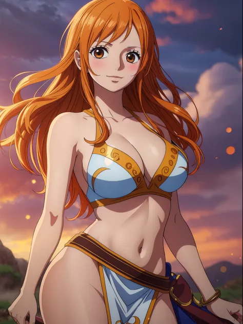 nami from one piece,very light orange and yellowish haired girl,beautiful brown eyes, blushing cheeks,in a clouds in the sky smi...