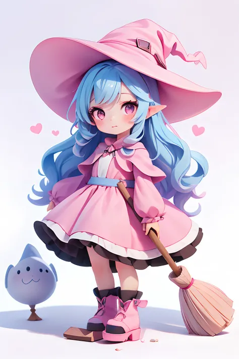 girl, witch, full body, pointy witch hat, Pink dress, Pink pointy hat, Broom, witch hat, girl, chibi, blue hair, white background, white background, light background