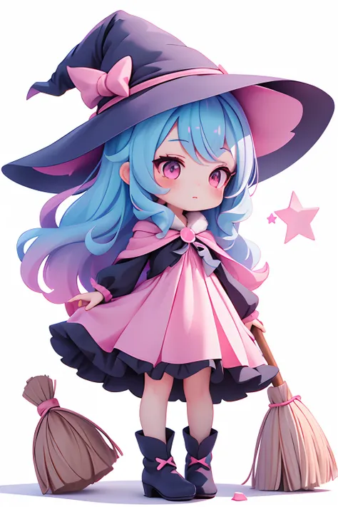 girl, witch, full body, pointy witch hat, Pink dress, Pink pointy hat, Broom, witch hat, girl, chibi, blue hair, white background, white background, light background