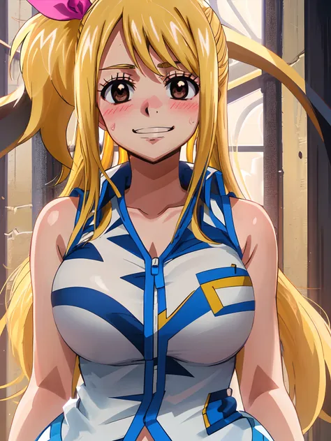 masterpiece, best quality, large breasts, lucy heartfilia, solo, blonde hair, brown eyes, long hair, side ponytail, bare shoulde...