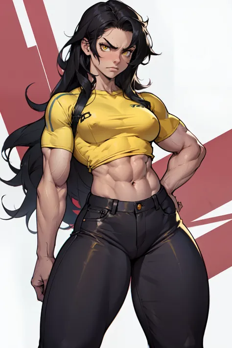 (((((muscular))))), (((thick thighs, small breasts, toned body, 1 girl))), black hair, yellow eyes, angry, (tight shirt pants very long hair pale skin) navel