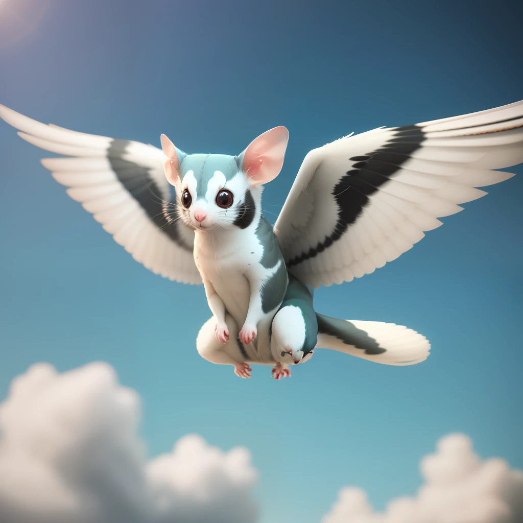 super cute fluffy white flying sugar glider with two wings, photorealistic, 4K, ultra detailed, vray rendering, unreal engine, midjourneyart style