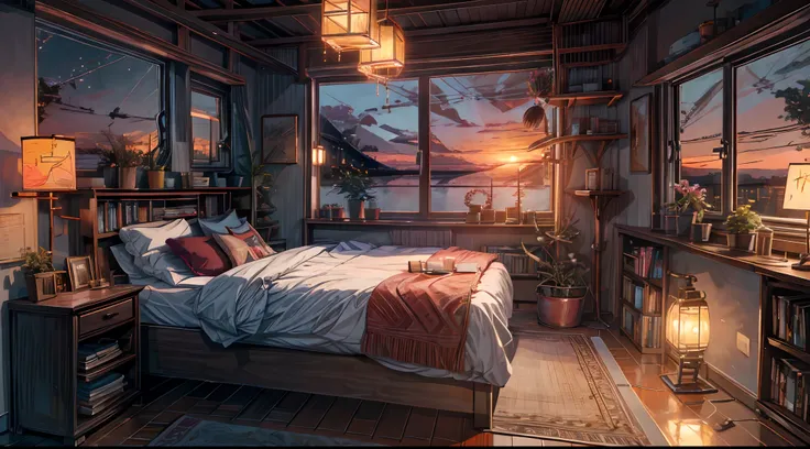 Sunset, wind, River, Room, many books,boho style, hanging lights, Plants, Fairy Light,Flower Post Bed,quill, floor lamp, ,Cozy, leisure, Chill, Big Window HD 8k, masutepiece, There are no humans in this scene