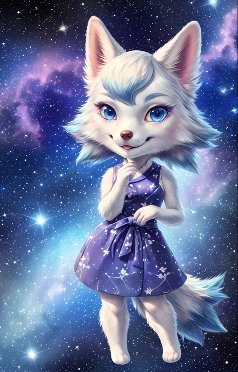 wolf,blue fur, white fur,space, stars, happy, smile, looking at viewer, honoy hioshiru personalami,tail,pink ears, portrait, posing, nebula,anthro, blue eyes,floral pattern purple dress,solo,((animal crossing)), chibi