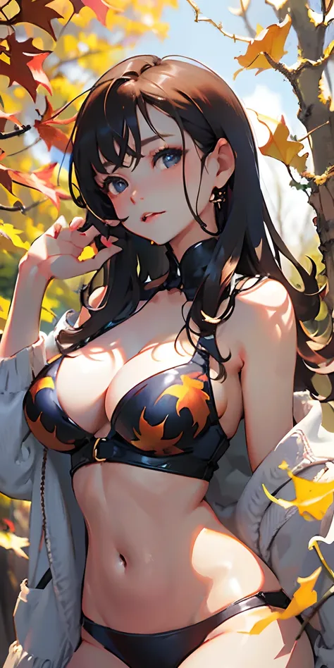 realisticlying、girl with、Outdoor Fashion、Autumn leaves Autumn leaves、Beautiful ginkgo tree、Slightly larger breasts and emphasis on cleavage、Sexy Posing、Nature views