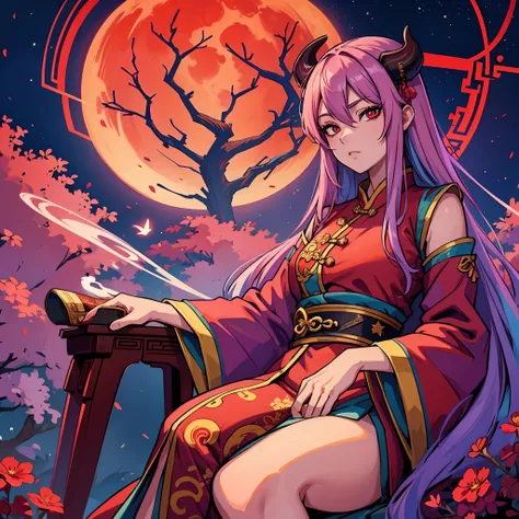 lavender coloured hair, bright red eyes, oni, wearing a old chinese clothes, one hand on the, standing far from the camera, star...