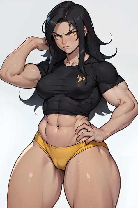 (((((muscular 1 girl))))), (((thick thighs, small breasts, toned body 1 girl))), black hair, yellow eyes, angry, (tight shirt very long hair pale skin) navel