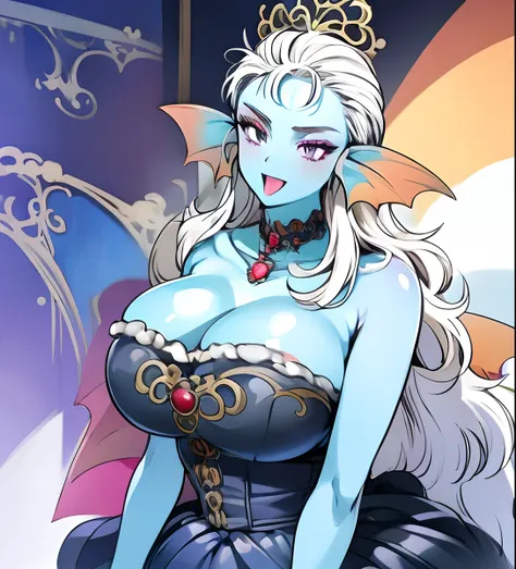 8K,High quality,Anime,married woman,Beautiful woman,Bright,Eye Highlights,Purple eyes,Sexy,ultra gigantic tits,oversized tits,Erotic,beautiful line art. Blue skin, Blue and orange gradient fins, Tongue out, Black Dress,Blue skin