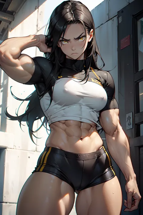 (((((muscular 1 girl))))), (((thick thighs, small breasts, toned body 1 girl))), black hair, yellow eyes, angry, (tight shirt very long hair pale skin) navel