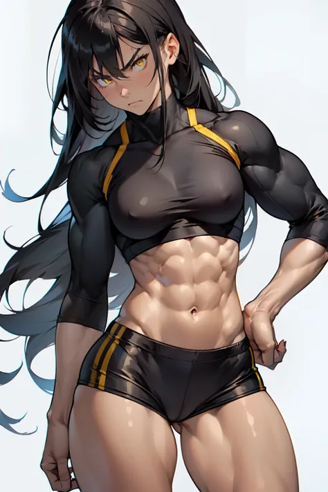 (((((muscular 1 girl))))), (((thick thighs, small breasts, toned body 1 girl))), black hair, yellow eyes, angry, (tight shirt very long hair pale skin) navel