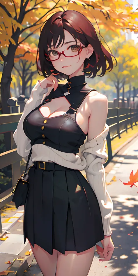 realisticlying、girl with、Outdoor Fashion、Autumn leaves Autumn leaves、Beautiful ginkgo tree、Wearing glasses, the chest is slightly larger and emphasizes cleavage、Sexy Posing、Nature views