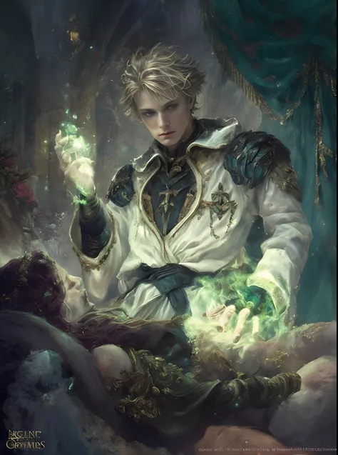 a photo realistic photograph of a man in a white shirt and teal colored armaments with green light emitting from his hands, high fantasy illustration, skinny sophisticated Caucasian male fantasy necromancer, casimir art, high qualities of a magical blond p...