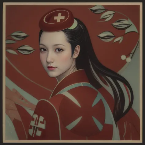 anime style picture of a woman with a red cross on her head, inspired by Itō Shinsui, inspired by Josetsu, artwork in the style of z.w. gu, inspired by Tsukioka Yoshitoshi, amaterasu, inspired by Toyohara Kunichika, inspired by Nishikawa Sukenobu.