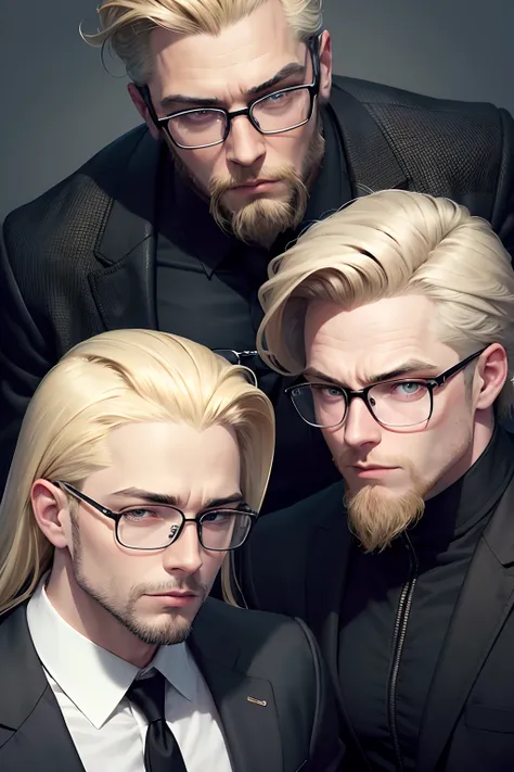 blond man with glasses and beard wearing black jacket and black shirt, man with glasses, in square-rimmed glasses, blonde man, thick rimmed-glasses, with glasses and goatee, style of jesper ejsing, with square glasses, wearing black rimmed glasses, long sw...