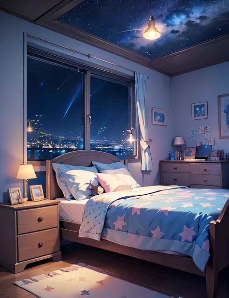 nigh sky、Starry sky and magic night、Cute room、Childrens bedroom window showing a dark room