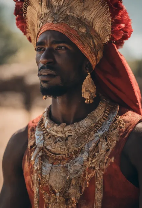 Haitian King,detailed portrait shot,Tenue royale,Golden Crown,barbe,Expression royale,yeux profonds,Fier et digne,Traits du visage exquis,dark skinned,Position majestueuse,Couleurs vives,Contexte traditionnel,Riche symbolisme culturel,Inspired by Haitian f...