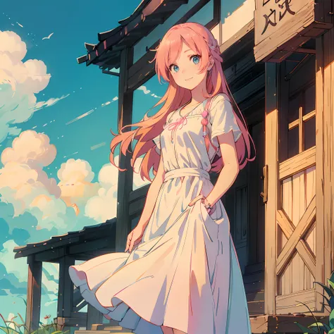 A young girl with long orange-pink hair and blue eyes, takes a selfie to post as her instagram profile picture. She is smiling at the camera, with her hair blowing in the wind. She is wearing a white dress, which she bought specifically for the occasion, a...