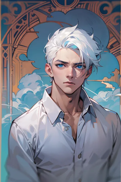 1 men, short White hair, beautiful face, defined body, sky blue eyes