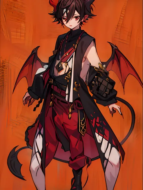 (best quality,4k,8k,highres,masterpiece:1.2), ultra-detailed, (realistic,photorealistic,photo-realistic:1.37), portraits, anime, red and black hair, devilish costume, handsome Japanese demon boy, devil man, full-body demon, dragon, devil robe, devil slayer...