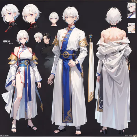 Character sheet, Handsome male. Perfect face, 6 ft 5 tall man. White hair. Short hair. Grey eyes. Eyepatch. Earrings. Toned body. Muscular male, character design sheet，full bodyesbian, Full of details, body front view, body back view,  Full body, front and...